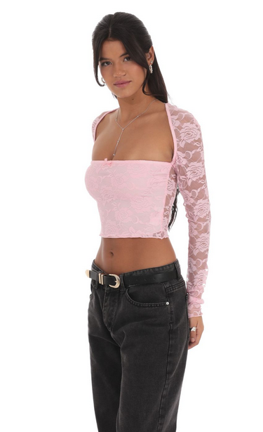 Lucy in the Sky Lace Long Sleeve Top in Pink