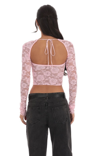 Lucy in the Sky Lace Long Sleeve Top in Pink