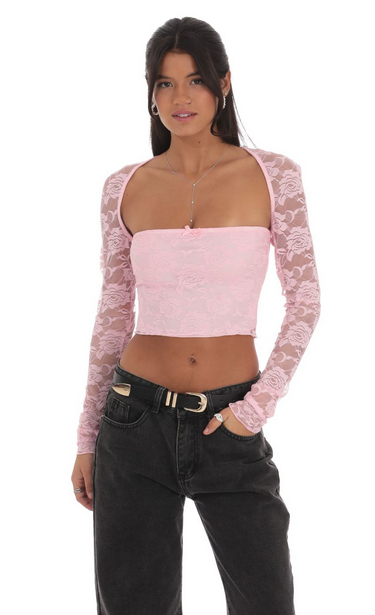 Lucy in the Sky Lace Long Sleeve Top in Pink