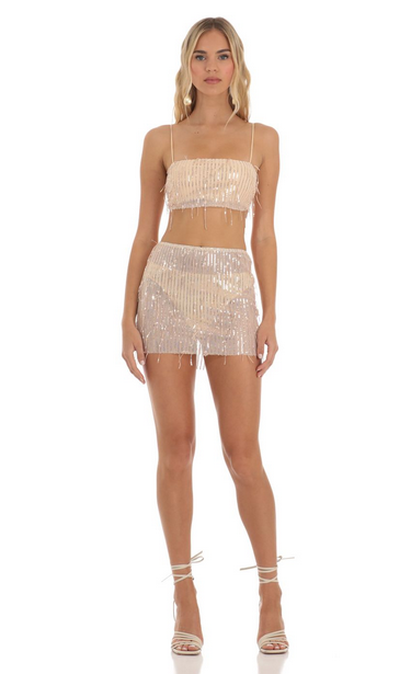 Lucy in the Sky Sequin Fringe Three Piece Set in Rose Gold