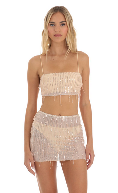 Lucy in the Sky Sequin Fringe Three Piece Set in Rose Gold