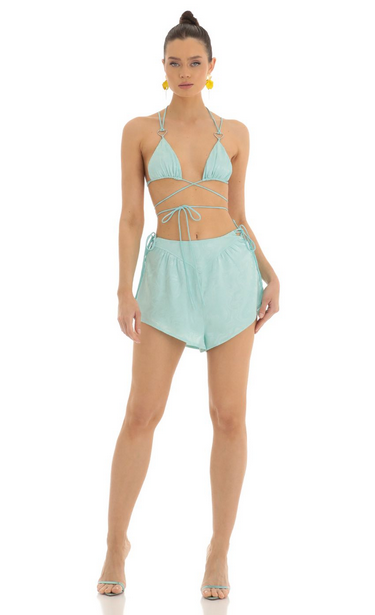 Lucy in the Sky Satin Marble Two Piece Short Set in Blue