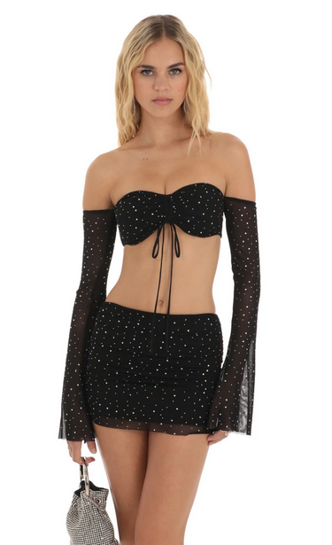 Lucy in the Sky Mesh Rhinestone Two Piece Set in Black