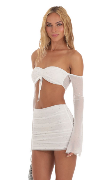 Lucy in the Sky Mesh Rhinestone Two Piece Set in White