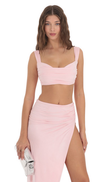 Lucy in the Sky Suede Ruched Two Piece Set in Pink