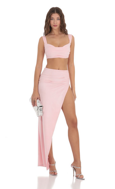 Lucy in the Sky Suede Ruched Two Piece Set in Pink