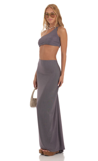 Lucy in the Sky One Shoulder Two Piece Maxi Skirt Set in Mauve