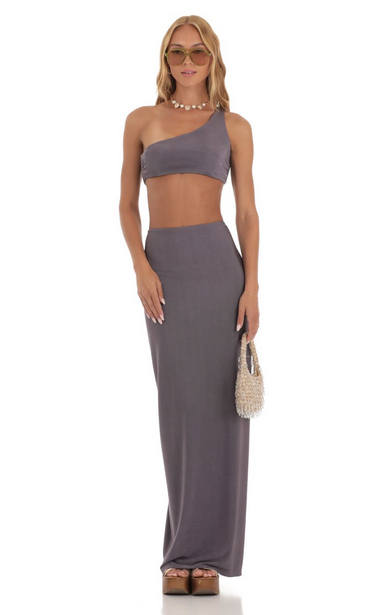 Lucy in the Sky One Shoulder Two Piece Maxi Skirt Set in Mauve