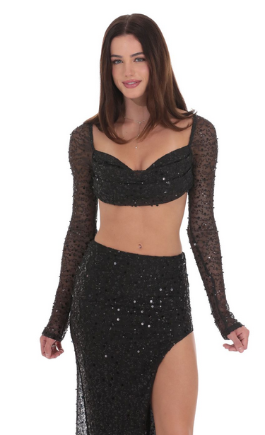 Lucy in the Sky Sequin Beaded Two Piece Set in Black