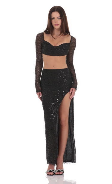 Lucy in the Sky Sequin Beaded Two Piece Set in Black
