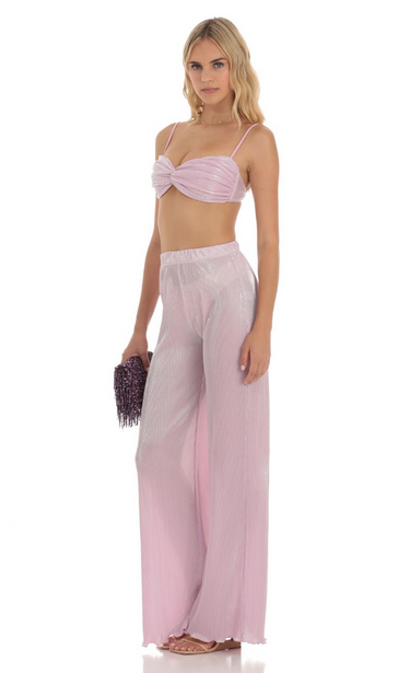 Lucy in the Sky Pleated Shimmer Two Piece Set in Pink