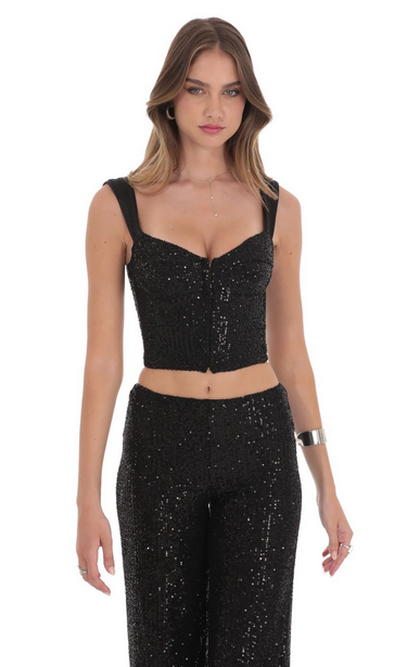 Lucy in the Sky Sequin Satin Strap Two Piece Set in Black