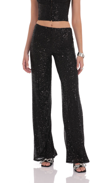 Lucy in the Sky Sequin Satin Strap Two Piece Set in Black