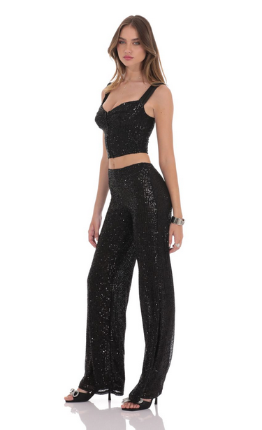 Lucy in the Sky Sequin Satin Strap Two Piece Set in Black