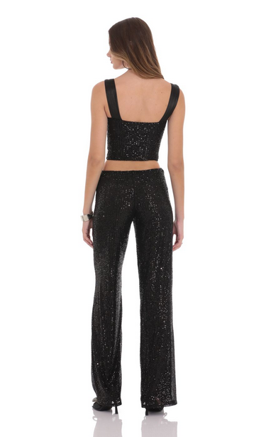Lucy in the Sky Sequin Satin Strap Two Piece Set in Black