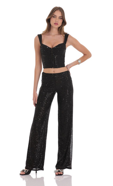 Lucy in the Sky Sequin Satin Strap Two Piece Set in Black