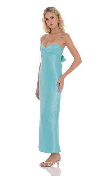 Lucy in the Sky Satin Back Tie Maxi Dress in Aqua