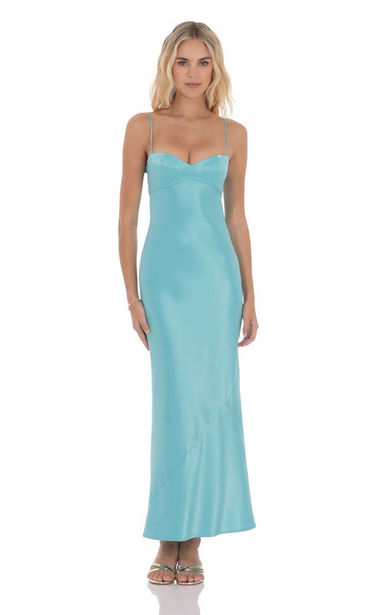 Lucy in the Sky Satin Back Tie Maxi Dress in Aqua