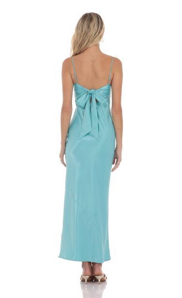 Lucy in the Sky Satin Back Tie Maxi Dress in Aqua