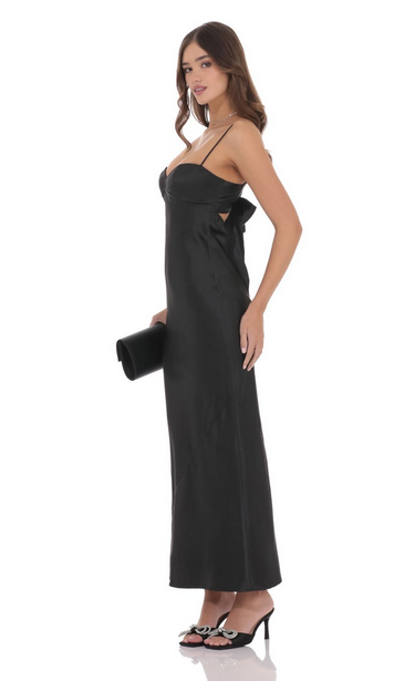 Lucy in the Sky Satin Back Tie Maxi Dress in Black