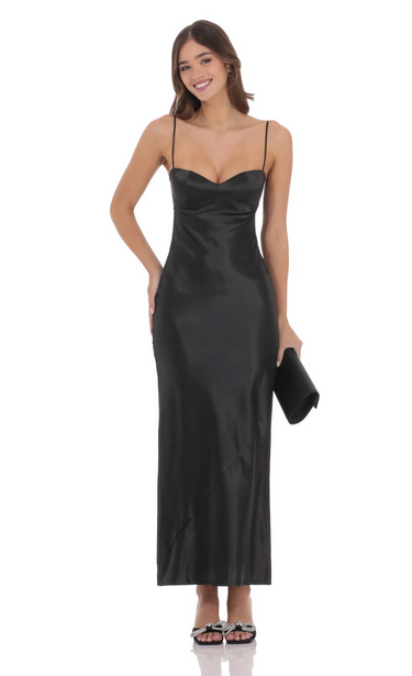 Lucy in the Sky Satin Back Tie Maxi Dress in Black