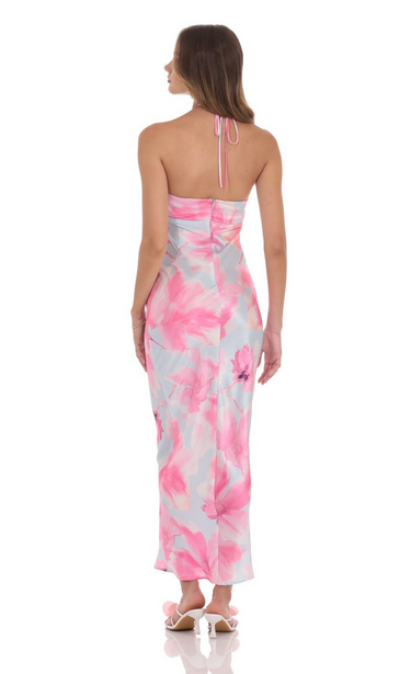 Lucy in the Sky Satin Floral Halter Maxi Dress in Pink and Blue