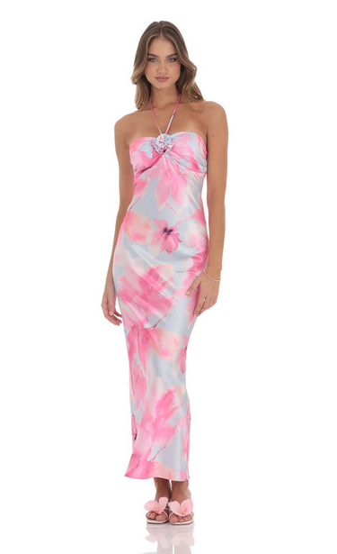 Lucy in the Sky Satin Floral Halter Maxi Dress in Pink and Blue