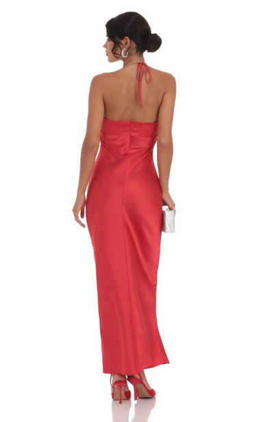 Lucy in the Sky Satin Halter Flower Maxi Dress in Red
