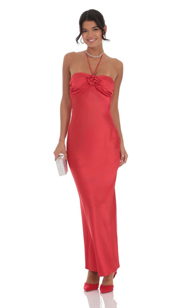 Lucy in the Sky Satin Halter Flower Maxi Dress in Red