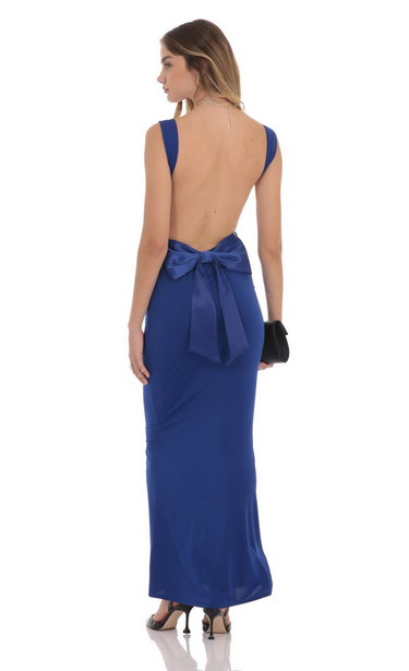Lucy in the Sky Open Back Bow Maxi Dress in Blue