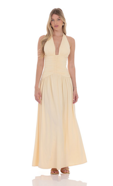 Lucy in the Sky Halter Ruched Cinched Maxi Dress in Beige