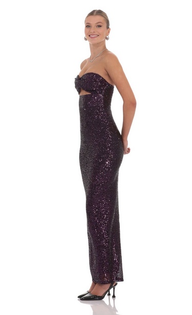 Lucy in the Sky Sequin Cutout Maxi Dress in Dark Plum