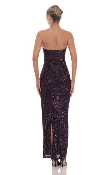 Lucy in the Sky Sequin Cutout Maxi Dress in Dark Plum