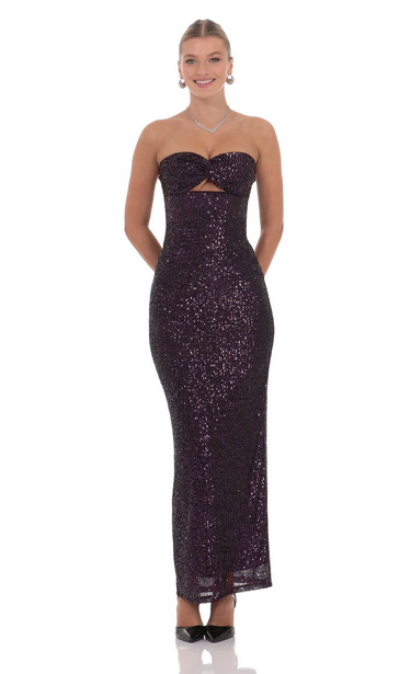 Lucy in the Sky Sequin Cutout Maxi Dress in Dark Plum