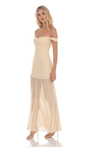 Lucy in the Sky Mesh Off Shoulder Ruched Maxi Dress in Beige