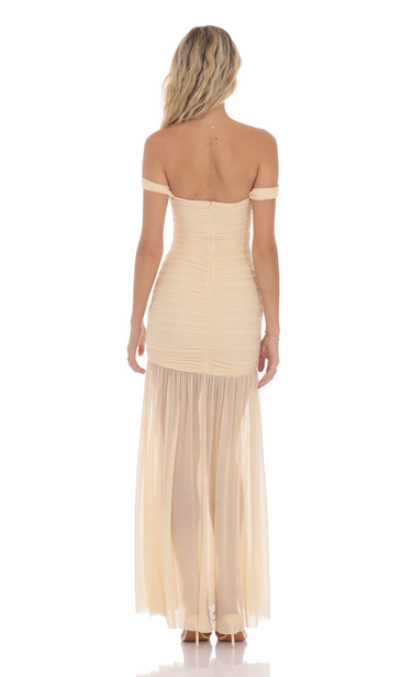 Lucy in the Sky Mesh Off Shoulder Ruched Maxi Dress in Beige