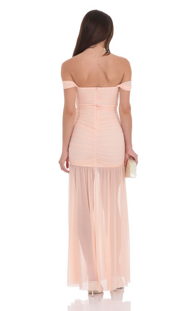 Lucy in the Sky Mesh Off Shoulder Ruched Maxi Dress in Blush Pink