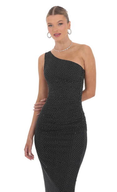 Lucy in the Sky One Shoulder Rhinestone Maxi Dress in Black