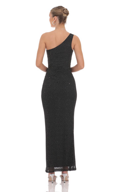 Lucy in the Sky One Shoulder Rhinestone Maxi Dress in Black
