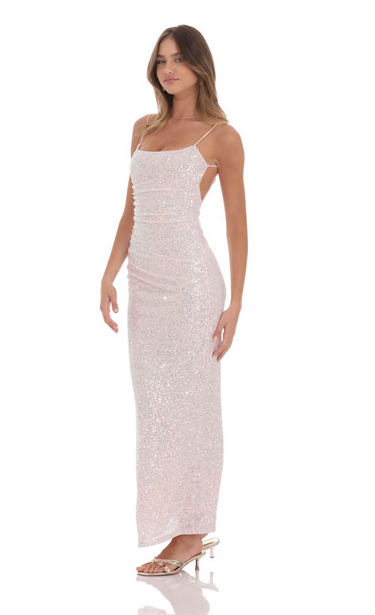 Lucy in the Sky Iridescent Sequin Bodycon Maxi Dress in Pink