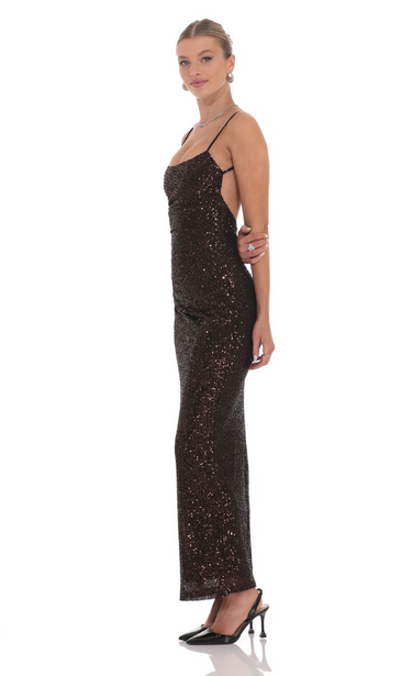 Lucy in the Sky Copper Sequin Bodycon Maxi Dress in Black