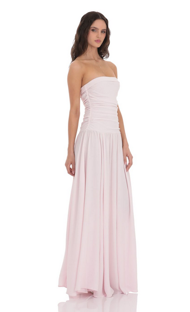 Lucy in the Sky Strapless Drop Waist Maxi Dress in Pastel Pink