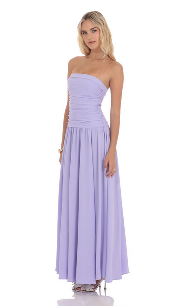 Lucy in the Sky Strapless Drop Waist Maxi Dress in Lavender