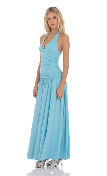 Lucy in the Sky Halter Drop Waist Maxi Dress in Aqua Blue