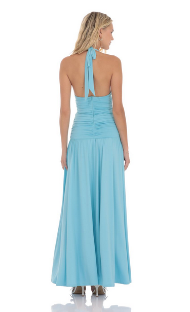 Lucy in the Sky Halter Drop Waist Maxi Dress in Aqua Blue