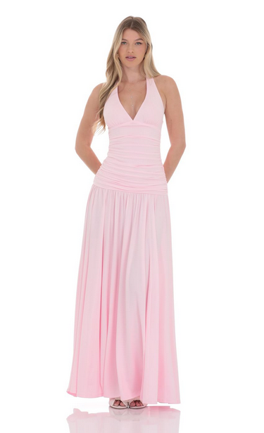 Lucy in the Sky Halter Drop Waist Maxi Dress in Pink