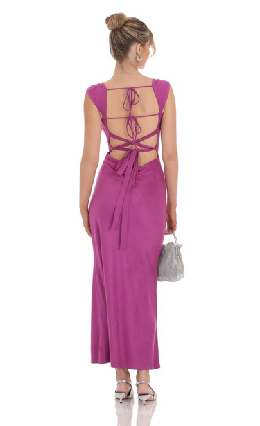 Lucy in the Sky Suede Strappy Maxi Dress in Magenta