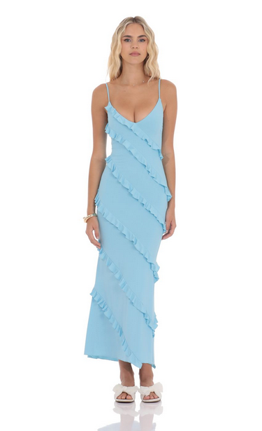 Lucy in the Sky Ruffle V-Neck Maxi Dress in Sky Blue