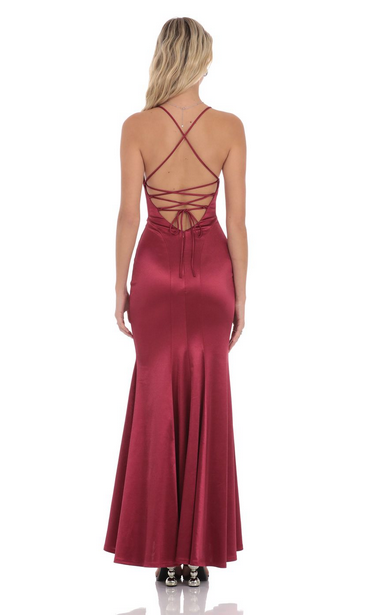 Lucy in the Sky Satin Open Back Mermaid Maxi Dress in Maroon