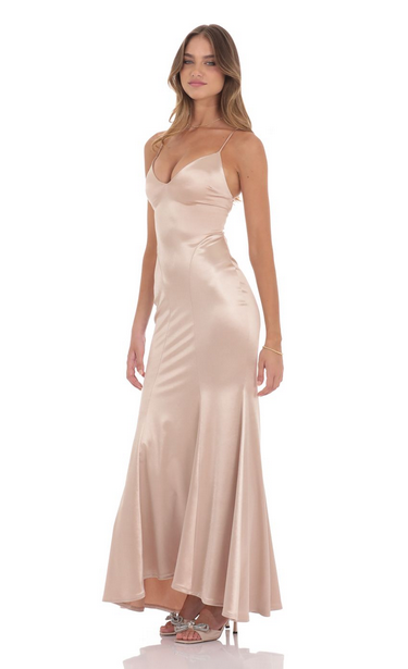 Lucy in the Sky Satin Open Back Mermaid Maxi Dress in Champagne